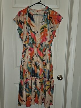Umgee Multicolor Tropical Print Tiered Midi Dress - Coral, Teal, Navy